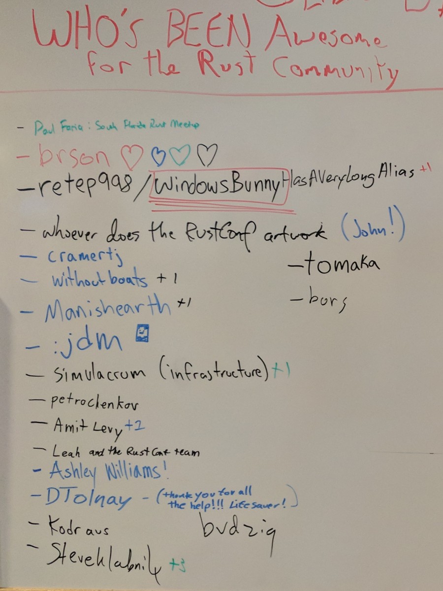 A photo of a whiteboard from RustConf 2017 which displays a list titled - who's been awesome for the Rust community - contributed by attendees.